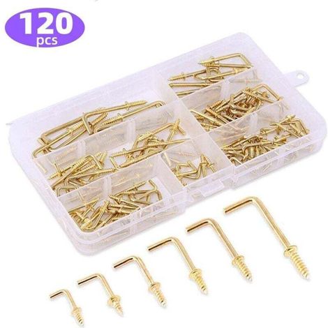 120 pcs 6 tailles crochet a visser en métal Laiton plaqué or carré Bend Crochets kit, Doré carré Bend Crochets Vis à tôle Crochets pour Home/lieu de travail/bureau