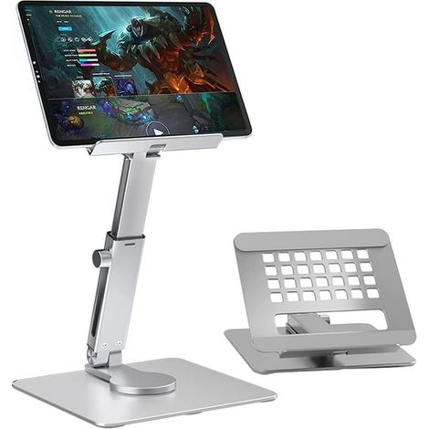 Tablet Stand for Desk, Height Adjustable Aluminum iPad Stand Holder, Foldable 360° Swivel Desktop Tablet Stand Holder Dock for 4" - 13" Tablet (Silver) (1/5)