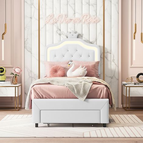 Letto Singolo per Bambini 90x200 cm con LED e Cassetto, Letto Imbottito in Similpelle con Testiera a Corona, Stile Principessa Moderno, Bianco (1/5)