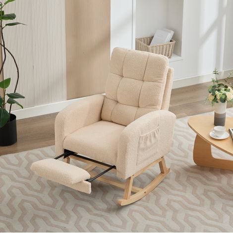 Sedia a dondolo 132x50x99 cm beige in bouclé e legno massello con schienale alto e tasca laterale (1/5)