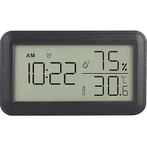 Thermomètre et hygromètre d'intérieur avec réveil, thermomètre numérique LCD, convient aux chambres, salons et caves à vin (noir). (1/5)
