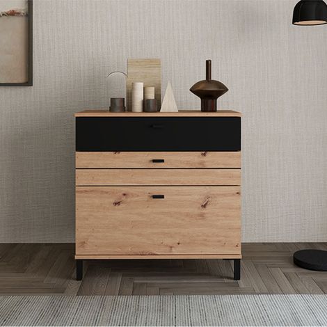 Credenza Diani, Madia un Ripiano, 3 Cassetti, Apertura Scorrevole, 77x35x78h cm Marrone Rovere Nodi (1/5)