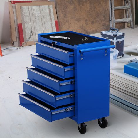 Carro Caja de Herramientas Taller Movil con 5 Cajones 4 Ruedas Chapa de Acero Azul (1/5)