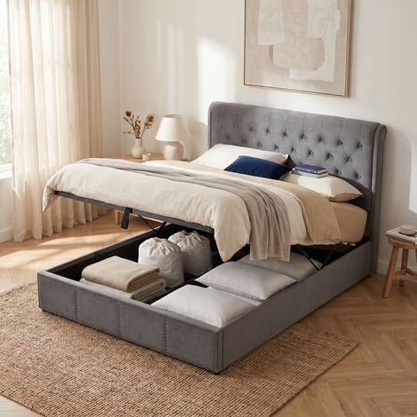 Letto contenitore 160x200 cm, letto matrimoniale con sollevamento idraulico, struttura del letto in velluto e metallo, stile elegante con rivetti decorativi, grigio