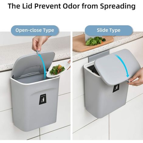 Poubelle murale à couvercle coulissant Large 29.5×16×26cm Cuisine Salle de bain Plastique Gris (1/5)
