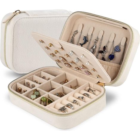 Boîtes à bijoux de voyage en velours, petite boîte à bijoux de voyage, boîte de rangement de bijoux de voyage portable pour anniversaire, fête des mères, Saint-Valentin (Beige) (1/5)
