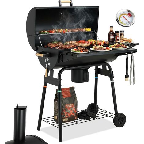 Holzkohlegrill, Grillwagen mit Deckel, Kamin, Thermometer, 2 Räder, BBQ-Smoker für Garten, Camping, 6-8 Personen (1/5)