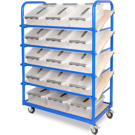 BRB Schrägboden-Regalwagen mit 5 Ebenen, bestückt mit 15 Clipboxen je 12 Liter, BxTxH 1050x500x1450 mm, 2 Lenk-/2 Bockrollen