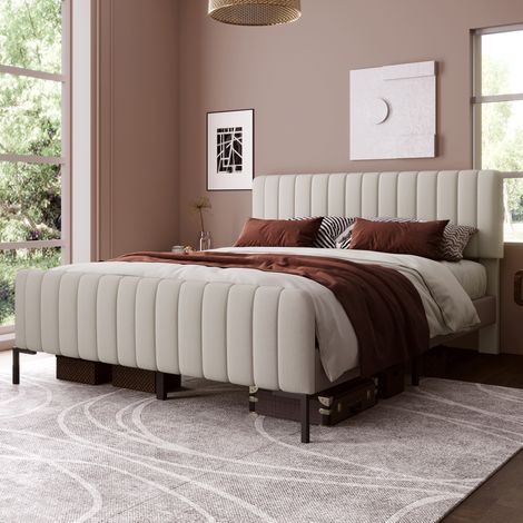 FLORAGRACE Letto imbottito matrimoniale 160x200 cm in legno beige, con rete a doghe e testiera regolabile, per camera moderna (1/5)
