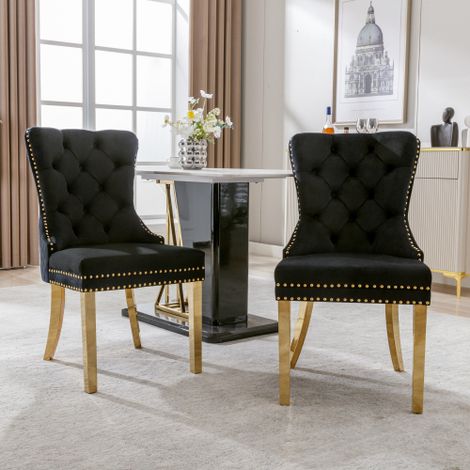 Lot de 2 Chaises Velours Noires Cuisine Salon, Dossier à Anneau Rond Décoratif et Clous Dorés Pieds Métal Doré (1/5)