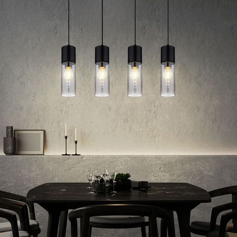 Hängelampe Pendelleuchte Esszimmerleuchte Wohnzimmerlampe Küchenleuchte, 4-Flammig, Glas Metall schwarz rauch, E27, H 156 cm