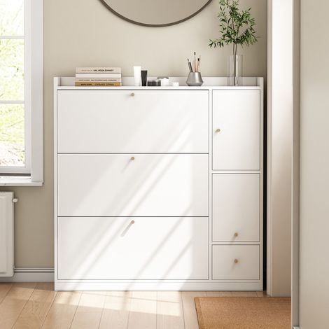 Armoire à chaussures - 119x24x122 cm - 3 tiroirs - Banc rabattable - Blanc (1/5)