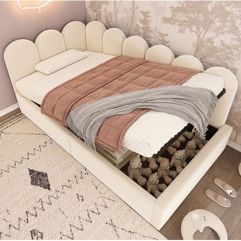 Letto daybed imbottito moderno 90x190 cm in velluto beige con testiera, rete a doghe in metallo e vano contenitore (1/5)