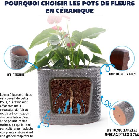 Pot de fleur en céramique fait main, gris brillant avec relief arête de poisson, respirant avec trou de drainage, diamètre 17,5 cm, pour mini succulentes et plantes de bureau (1/5)