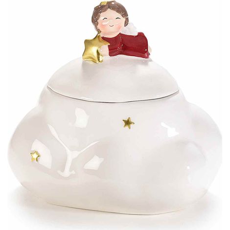 Barattoli / biscottiera / contenitore per alimenti / barattolo portadolci di Natale a nuvola in ceramica lucida, set da 2 pezzi, cm 19,5 x 14 x 18 H