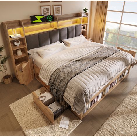 Doppelbett 180x200 cm aus Holz und Metall Eiche mit Stauraum ohne Matratze – MEUBLIV (1/5)