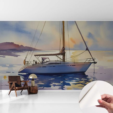 Papier peint adhésif autocollant pour salon chambre à coucher peint imprimé pour mur Voilier au coucher du soleil 416x254 cm (1/5)