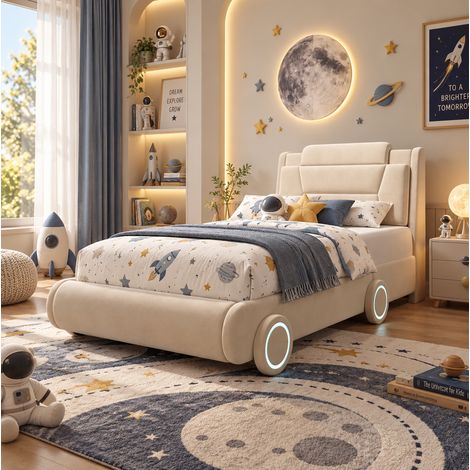 Letto imbottito per bambini 90/200 cm beige, design auto con testiera regolabile e ruote luminose (1/5)