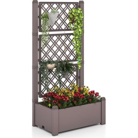 COSTWAY Jardinera Exterior con Enrejado de 3 Alturas, Cama de Jardín con Riego Automático con Indicador de Nivel de Agua y Orificio de Drenaje para Plantas Trepadoras, 76x45x150 cm (Café) (1/5)