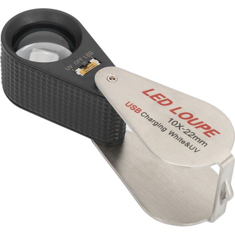 Loupe bijoutier pliante rechargeable 10X avec 6 LED et 7 lampes UV, grossisseur poche pour bijoux, pièces, tissus, insectes, électronique, batterie 60mAh, sac et câble USB (1/5)