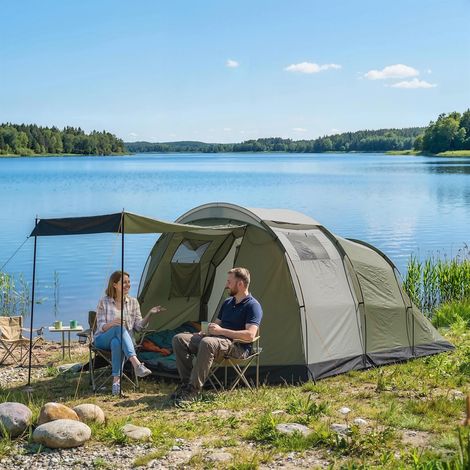 Tente de camping pour 3-4 personnes, robuste et imperméable (3000 mm), tente familiale avec cabine de couchage, vestibule et espace de vie, verte. (1/5)