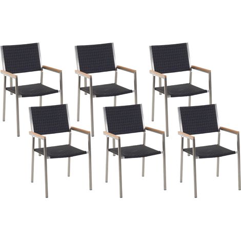 Conjunto de 6 sillas de jardín con asiento de ratán sintético negro y patas de acero apilables Grosseto