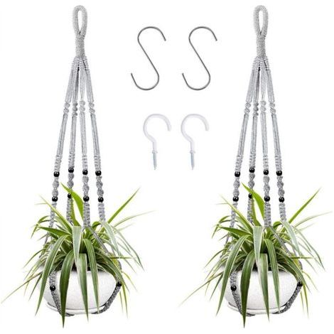 [JAMAIS UTILISÉ] Suspension pour plantes d'intérieur en corde de coton grise, 85 cm, avec perles en bois, pour décoration intérieure, sans crochets, 2 paires (1/4)