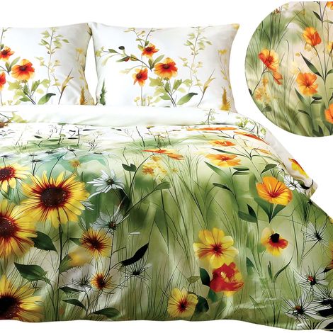 Bettwäsche-Set 180x200 Satin-Baumwolle, Digitaldruck mit Blumen und Sonnenblumen (1/5)