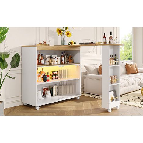 Ausziehbarer Bartisch mit Stauraum , Moderner Beweglicher Bar Table, Teleskopischer Bartisch mit LED, Stehtisch Bistrotisch Hochtisch Kücheninsel Bistro Table,Großer Stauraum,Weiß(138-204×39×105cm) (1/5)