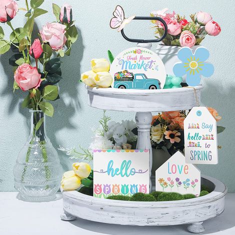 Etageren-Frühlingstablett, Mini-Bauernhofschild aus Holz als Dekoration, Osterblumenauto-Ornament, Tischdekoration (4er-Set im Beutel) (1/5)
