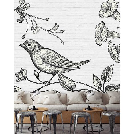 Papier peint panoramique noir & blanc oiseaux | Tapisserie panoramique fleurie fond brique blanche | Papier peint panoramique animaux moderne - 270 x 400 cm (4 pièces) (1/5)