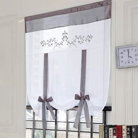 Store simple, gris, 60x140 cm, avec rideau en tulle brodé, tissu polyester, adapté pour chambre, cuisine, salle de bain, salon, balcon. (1/5)