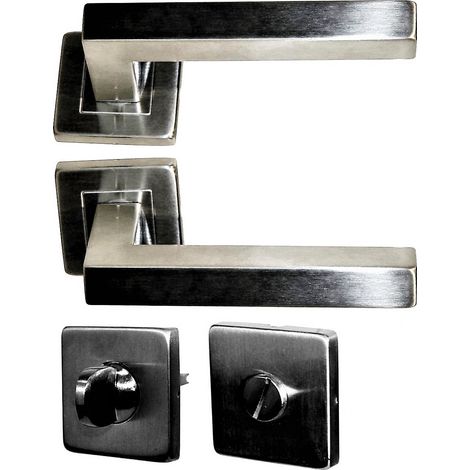 Manilla de Puerta COLETTE Cuadrada de 20 x 10 con Rosetas de Acero inoxidable 304, Finamente Satinada. Sección de la manivela: 2  +1 Par de rosetas de condena