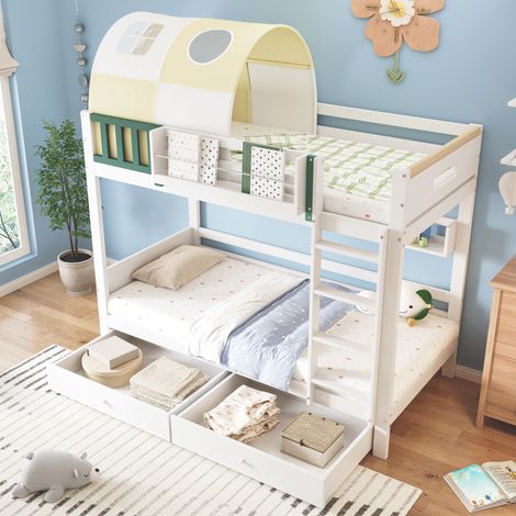 Letto a castello cabina, letto a castello per bambini 90x200 cm con piccola tenda, griglia, scaletta, 2 cassetti su ruote, bianco (1/5)