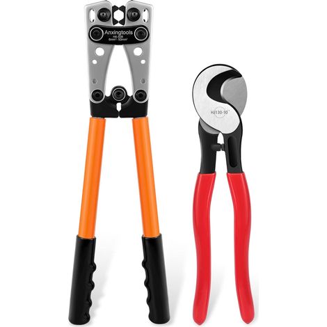 Outil de sertissage de câble de batterie pour bornes à anneau en cuivre de batterie 6/10/16/25/35/50 mm², cosses en cuivre, pince à sertir robuste pour cosses de fil (HX50B crimper+cutter) (1/5)