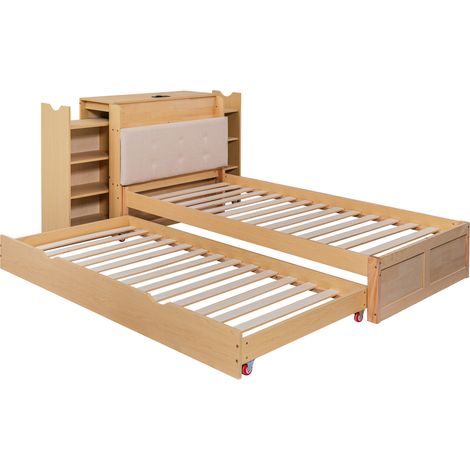 Cama 90x200 cm con cama nido, almacenaje, cabecero acolchado y USB MODENUIT (1/5)
