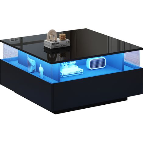 Table basse LED laquée noire avec 2 tiroirs et espace d’exposition transparent 70x70x41 cm, plateau haut brillant, commande via application CHICFURN (1/5)