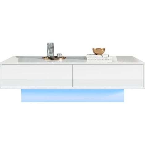 Table basse 115x55x34 cm en panneaux de bois blanc, avec rangement pour salon moderne - FLORAGRACE (1/5)
