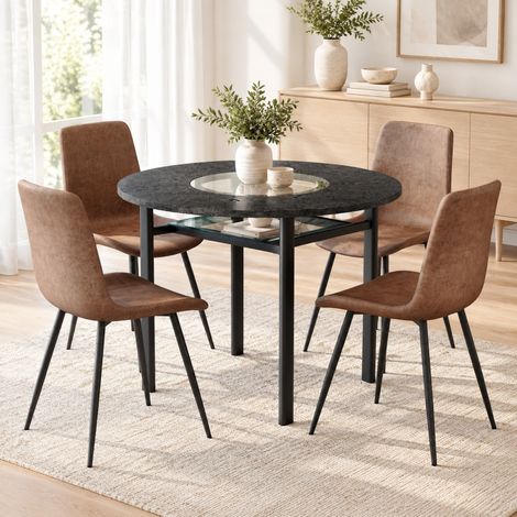 Lot de 5 pièces table ronde et 4 chaises confortables en tissu marron, métal noir, plateau MDF et verre 100 cm, 2 à 4 places, étagère basse  FLORAGRACE (1/5)