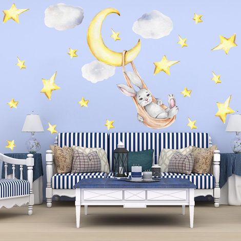 Décor mural adhésif Lapin Balançoire, stickers muraux pour chambre, salon, fond TV, autocollants muraux, décalcomanies, art mural, 3 pièces, design mignon (1/5)