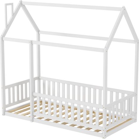 FURNITURE HMD Kids Single Bed Frame Children’s House Bed Frame with Protection,Solid Pine Wood White Floor Bed for Toddlers and Children (1/5)