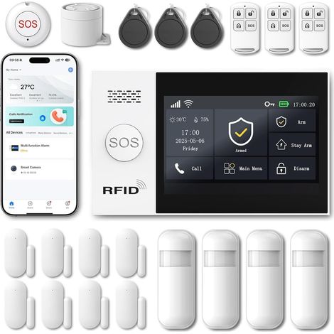Systeme Alarme Maison sans Fil – sans Abonnement ni Frais Mensuels – Kit Alarme Maison Complet avec Écran Tactile, Détecteur de Mouvement, Détecteur d’Ouverture, Sirène (1/5)