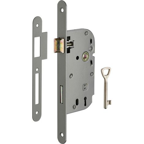 Serrure encastrable à clé pour porte de chambre – Entr'axe 70mm – Coffre acier embouti 10mm – Pêne et gâche en acier zingué – 1 clé fournie (1/2)