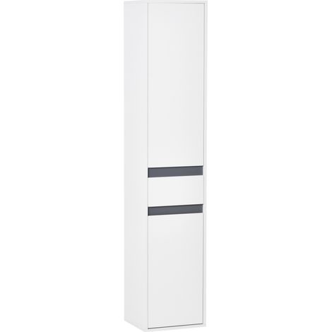 Colonne rangement salle de bain contemporaine 2 portes 3 tablettes tiroir coulissant meuble blanc panneaux particules (1/5)