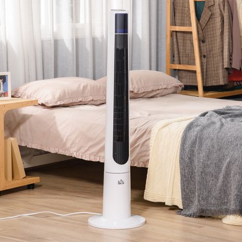 Ventilador de torre silencioso de 50 W con 3 modos, 3 velocidades, mando a distancia, oscilación de 40°, temporizador y pantalla LED, color blanco.