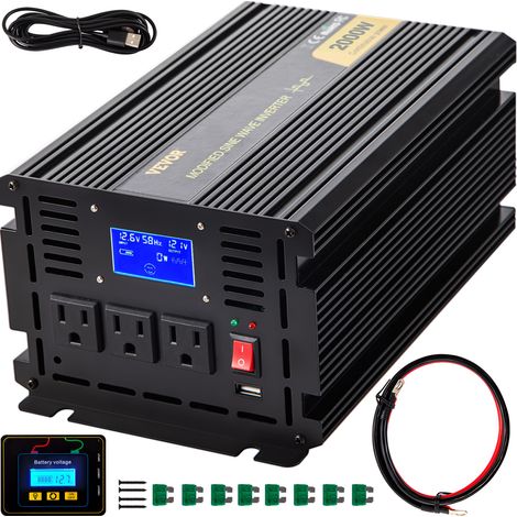 VEVOR Inversor de Corriente de Onda Sinusoidal Modificada 2000 W Convertidor de CC 12 V a CA 120 V para Automóvil con Pantalla LCD, Control Remoto, Indicador LED, Inversor para Camión, RV, Barco