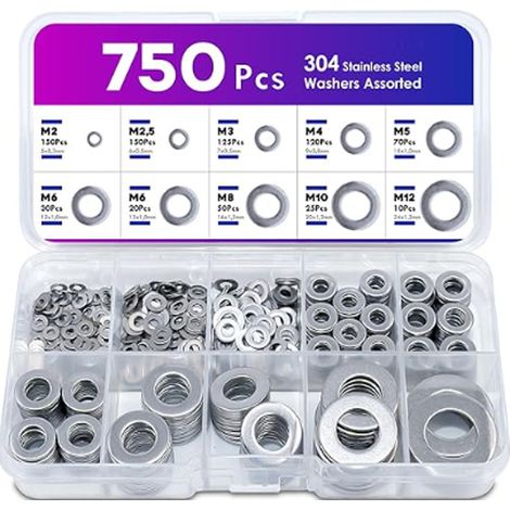 750 Pièces Rondelles Inox, 9 Tailles Rondelles Metal, Rondelle M2 M2.5 M3 M4 M5 M6 M8 M10 M12, Rondelles pour Gonds de Porte, Rondelle Inox pour L\'étanchéité Vis Bagues D\'étanchéité (1/5)