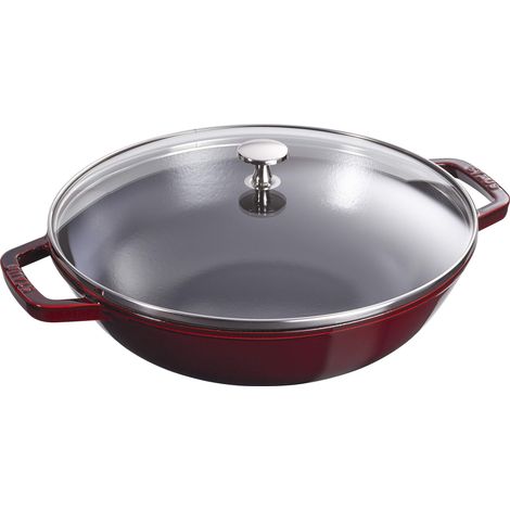 Wok en Fonte avec Couvercle en Verre et Grille Amovible Inclus, 30 cm, 4,40 L, Grenadine (1/4)