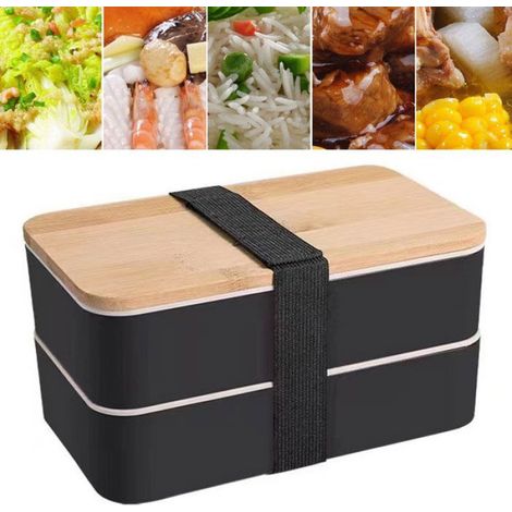 Boîte À Bento Double Couche - PP Et Bois De Bambou - Pour Bureau École Pique-Nique - 18 5 X 9 X 9 Cm - 1 Pièce (1/5)