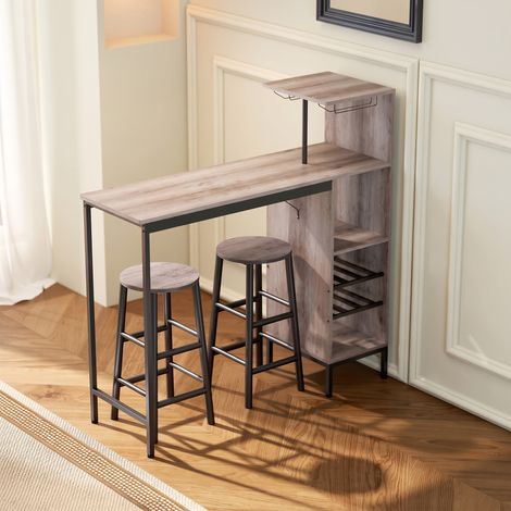 Ensemble table de bar avec tabourets, table à manger debout avec 2 chaises de bar étagères, casiers à vin, gris (1/5)